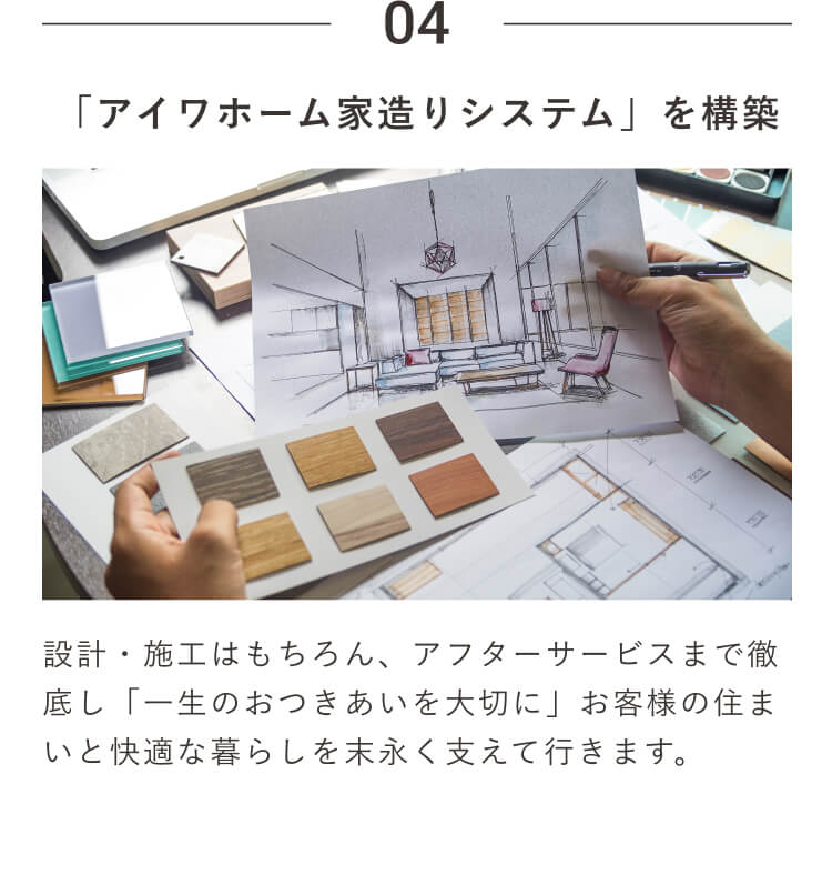 04｜「アイワホーム家造りシステム」を構築｜設計・施工はもちろん、アフターサービスまで徹底し「一生のおつきあいを大切に」お客様の住まいと快適な暮らしを末永く支えて行きます。